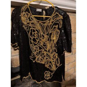 80s DEJAVU Silk Black And Gold Beaded Glam Sequin Top Woman Large